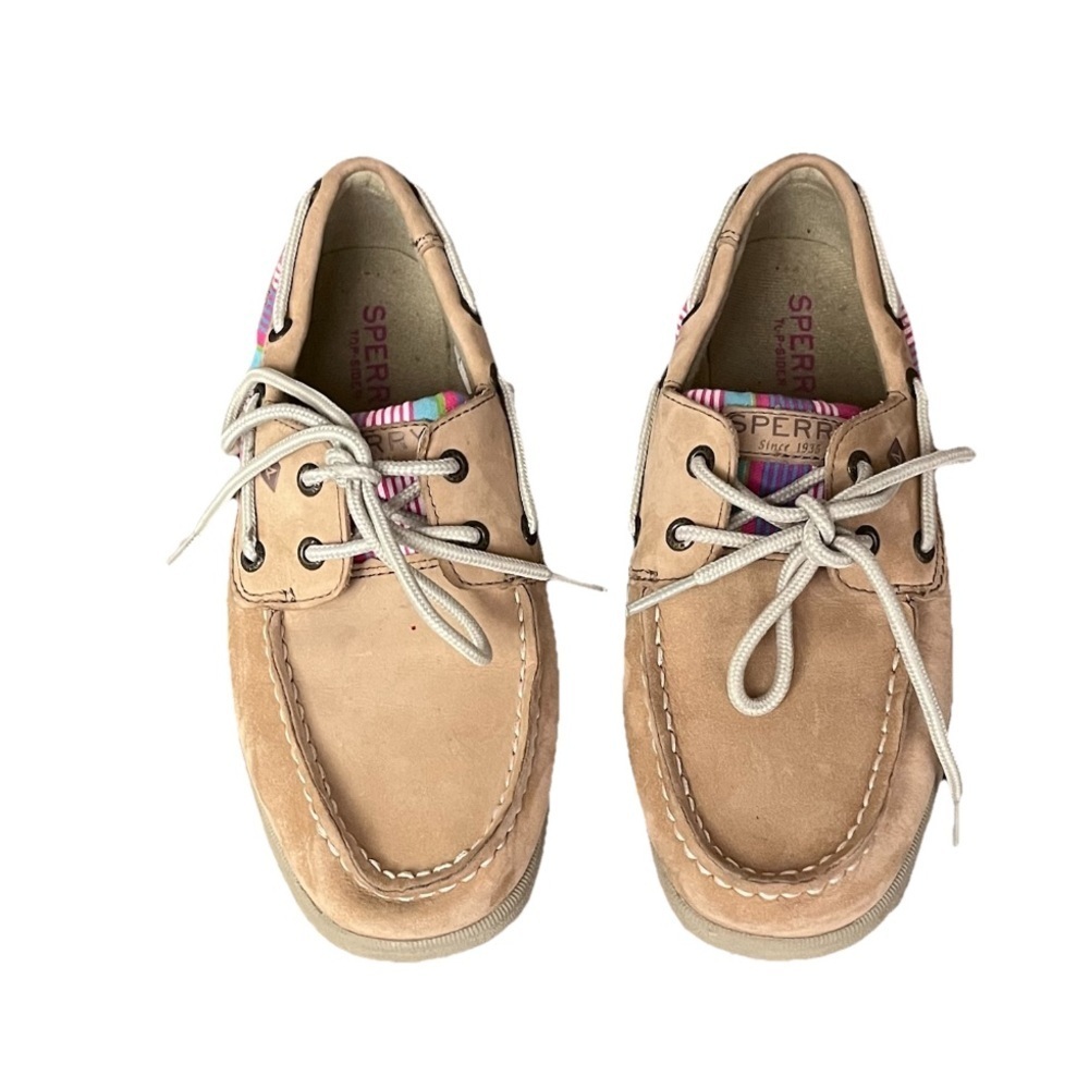 Sperry Top-Sider Girls Boat Shoes Size 2.5M Tan Leather Rainbow Stripe Nautical - Picture 4 of 10